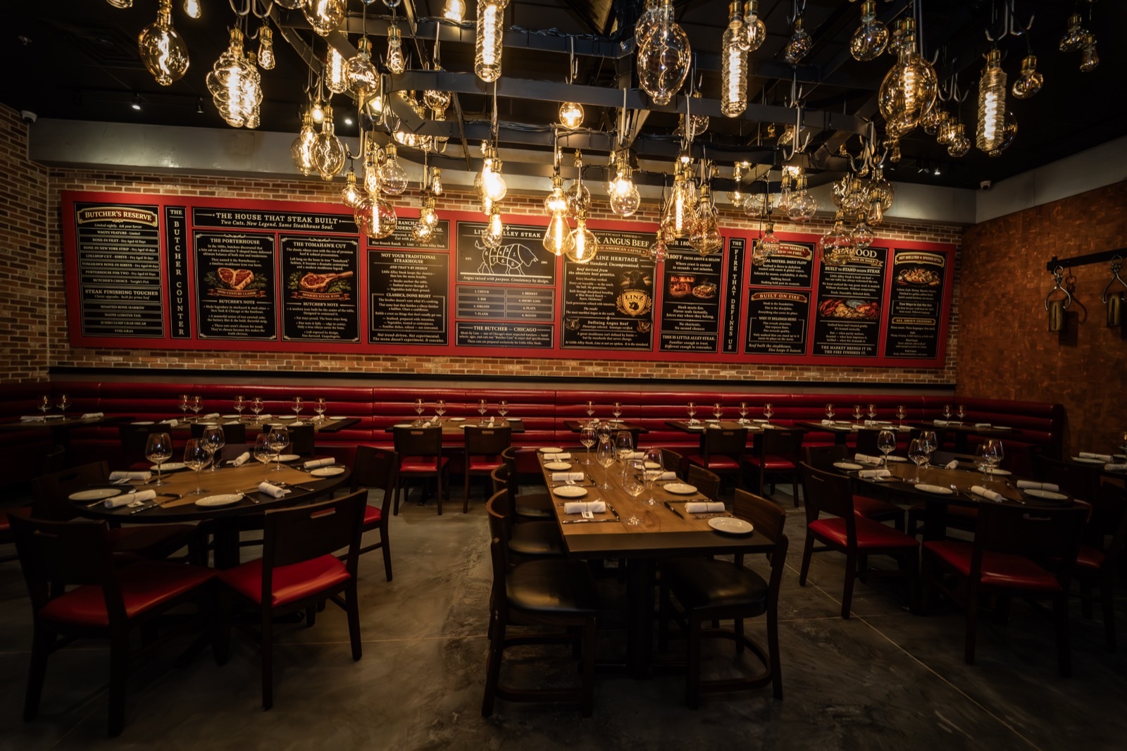 A long table set for a group in the main dining room